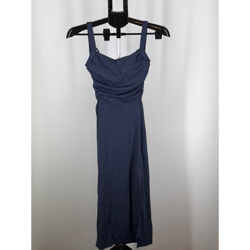 Halara Softlyzero Airy Midi Dress Navy Blue Strappy Back Ruched XS Athleisure